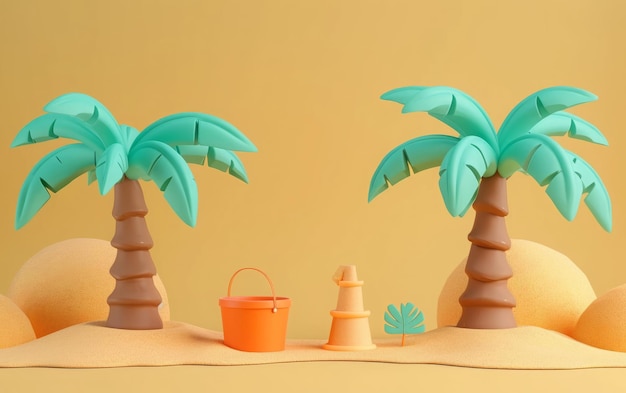 Renderizado en 3D de una escena de playa estilizada minimalista con palmeras y juguetes