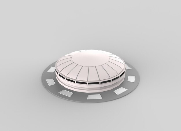 Renderizado en 3D de una estructura futurista parecida a un OVNI en una plataforma gris