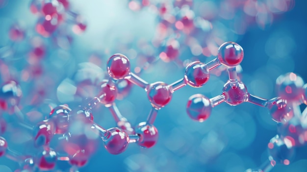 Renderizado en 3D de una estructura molecular con resaltes azules y rojos que ilustran conceptos científicos