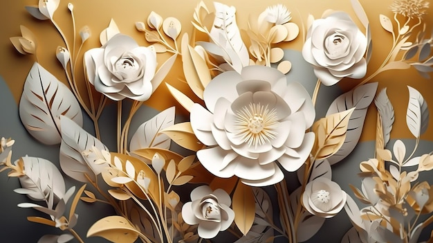 Renderizado en 3D de fondo abstracto con flores de papel blanco Generativo Ai