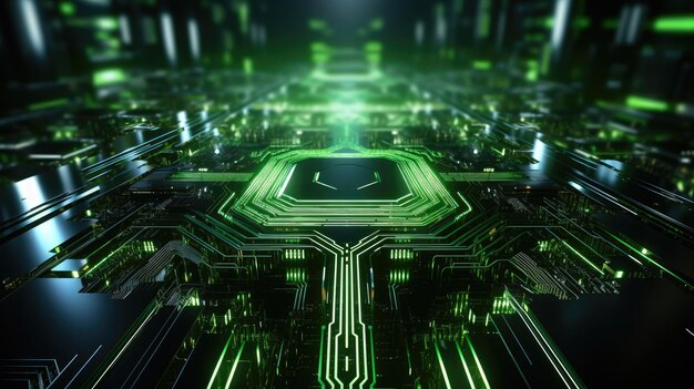 Renderizado en 3D de fondo abstracto con microchip brillante