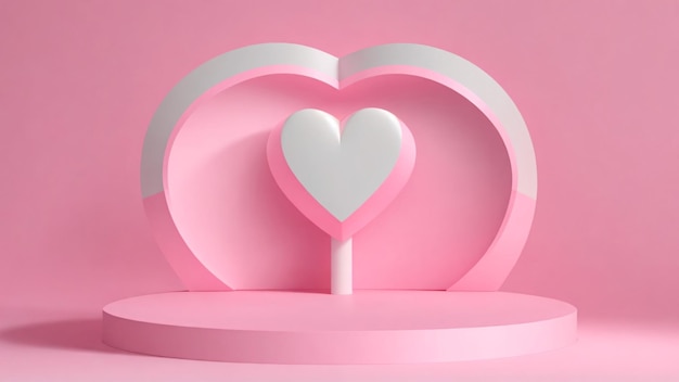 Renderizado en 3D del fondo del Día de San Valentín con corazón y podio