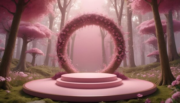 Foto renderizado en 3d de fondo de fantasía con podio redondo y arco de flores rosas en el bosque de hadas