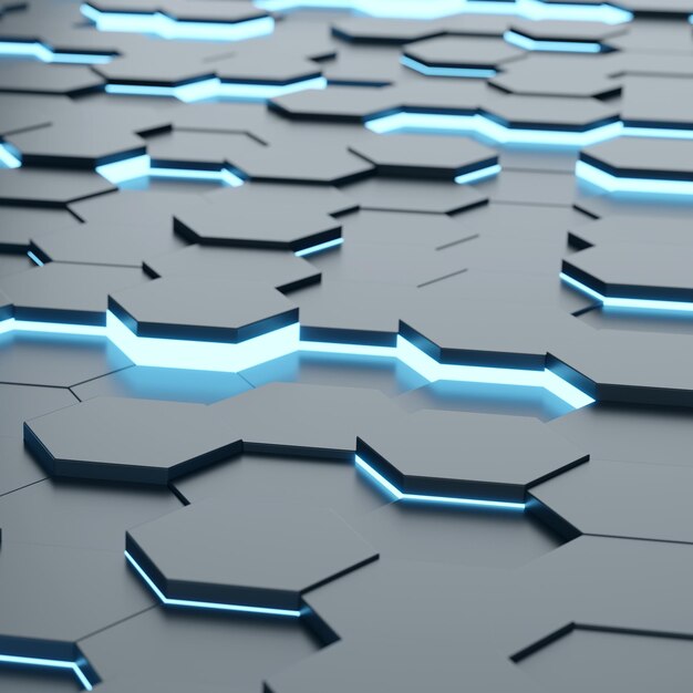Renderizado 3D de fondo hexagonal futurista y tecnológico