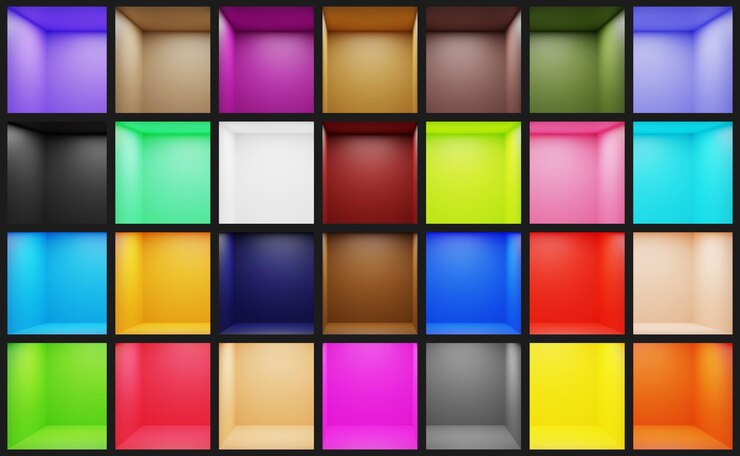 Foto renderizado en 3d de un fondo de muchos apartamentos de estudio vacíos multicolores