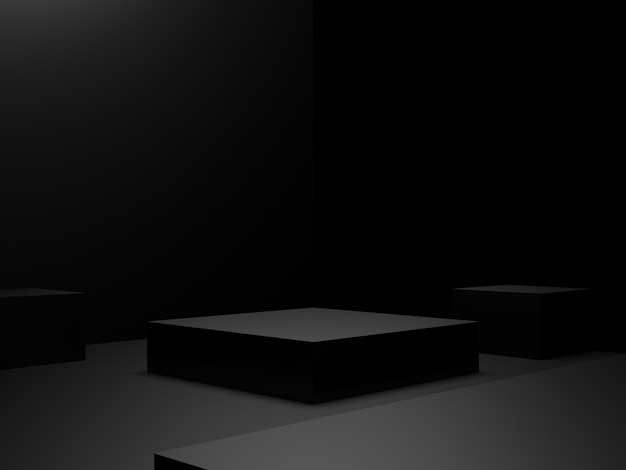 Renderizado en 3D de fondo negro Podium geométrico de la habitación oscura