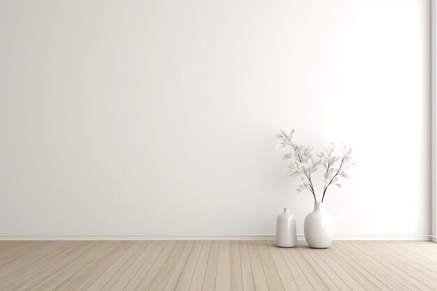 Foto renderizado 3d de una habitación vacía con pared blanca y un jarrón de sofá de plantas en un piso laminado de madera