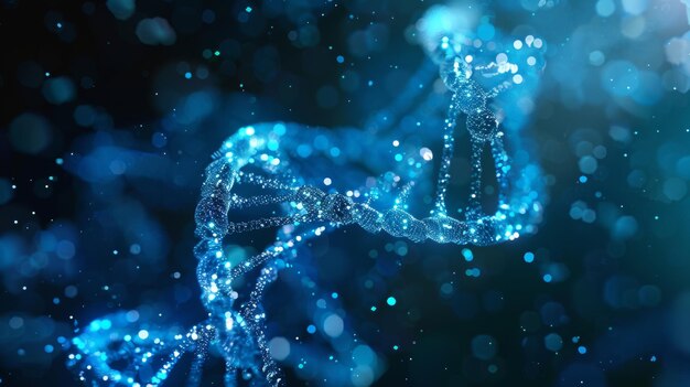 Renderizado en 3D de la hélice de ADN con partículas brillantes azules