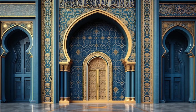 Renderizado en 3D de una hermosa mezquita azul con adornos árabes dorados