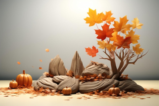 Renderizado en 3D de hojas de otoño y calabazas