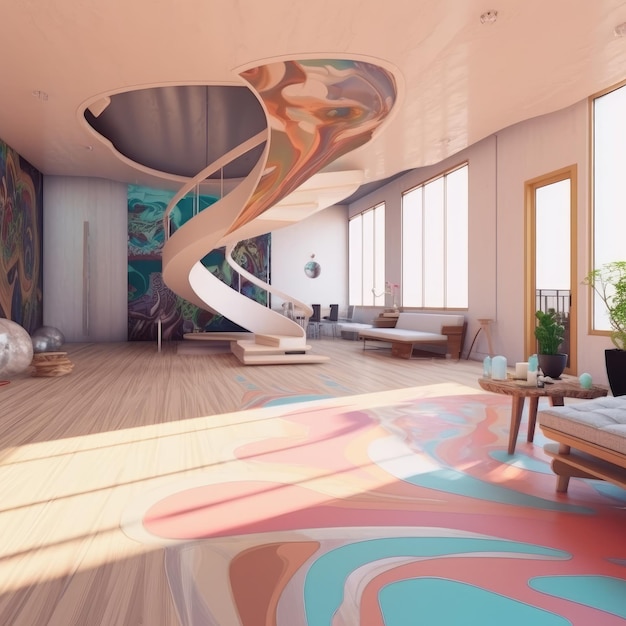 Renderizado en 3D del interior de una casa de un piso Un concepto de una zona moderna coloridas y curvas escaleras