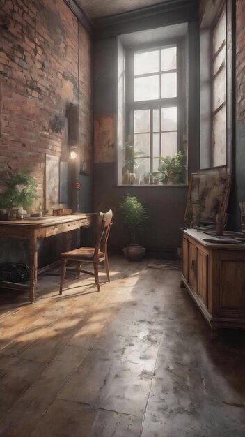 Renderizado en 3D de un interior de estilo grunge