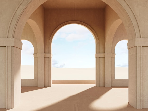 Renderizado en 3D de un interior minimalista moderno con arcos y una vista de las dunas de arena
