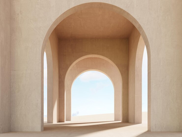 Renderizado en 3D de un interior minimalista moderno con arcos y una vista de las dunas de arena