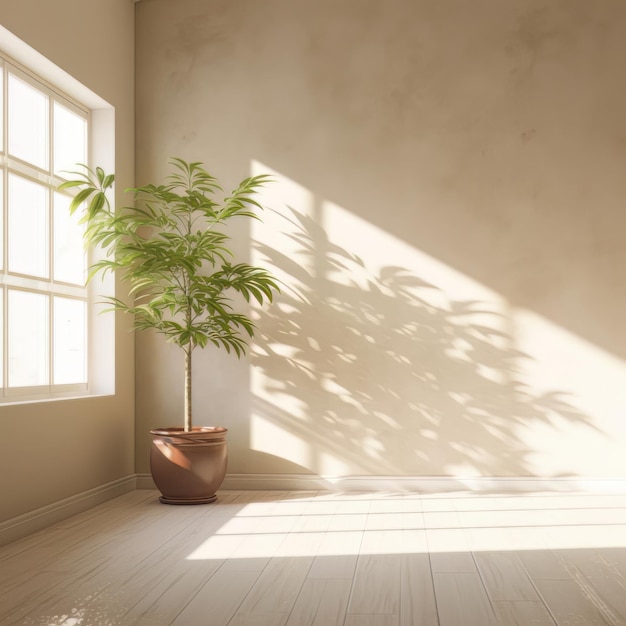 Renderizado 3D de un interior de sala de estar con una planta en una olla