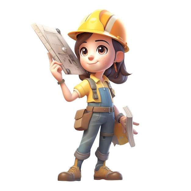 Renderizado en 3D de una linda chica de la construcción con casco y plano