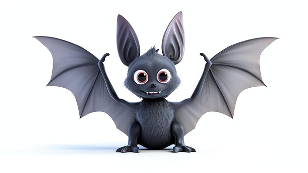 Renderizado en 3D de un lindo y amigable murciélago de dibujos animados El murciélamo tiene ojos grandes una nariz pequeña y una sonrisa amigable