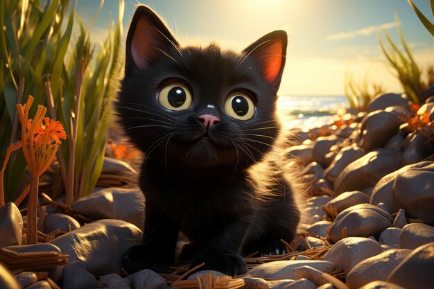 Renderizado en 3D de un lindo gato negro que está sentado en la orilla del mar