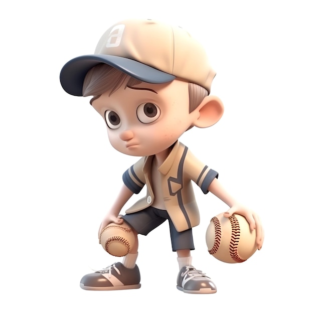 Renderizado en 3D de un lindo niño jugador de béisbol con una pelota