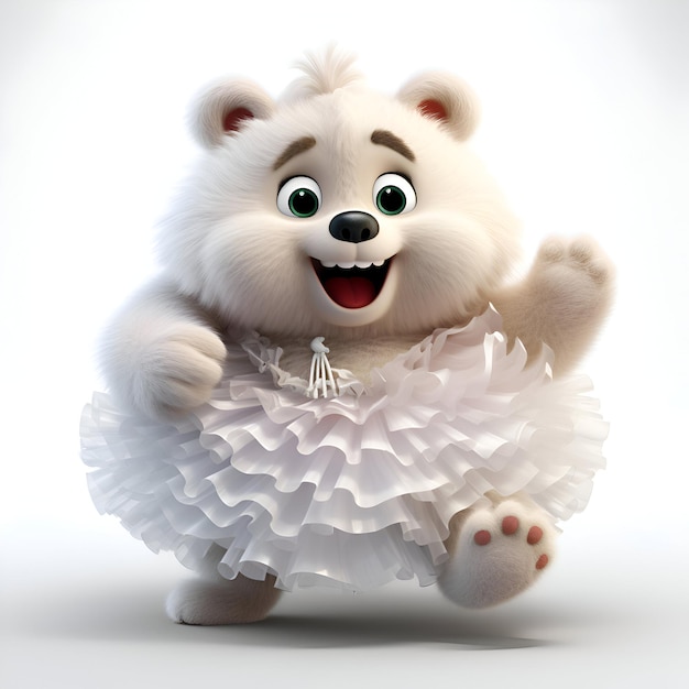Renderizado en 3D de un lindo oso de peluche blanco con un tutu