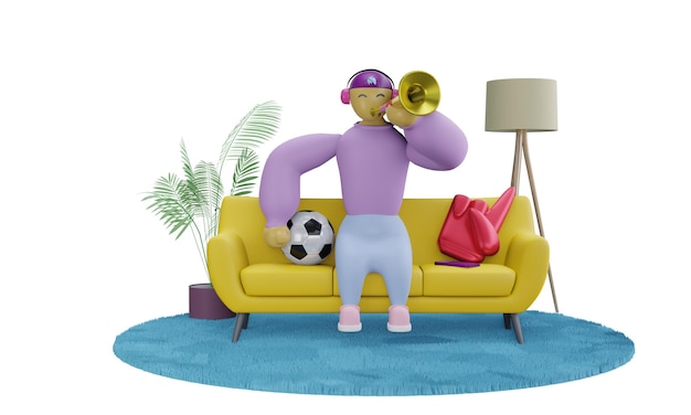 renderizado en 3d El lindo personaje de un fanático del fútbol está sentado en el sofá y viendo el juego tocando una trompeta o una vuvuzela
