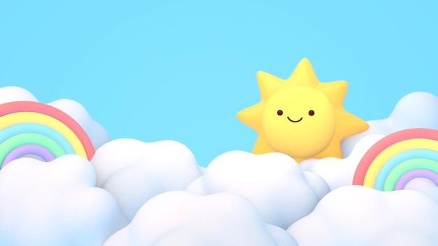 Renderizado en 3D del lindo sol en el cielo arco iris