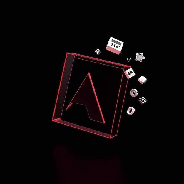 Renderizado en 3D El logotipo de Adobe formado en acrílico claro inclinado a 40 grados Los bordes rojos de neón pulsan alrededor del
