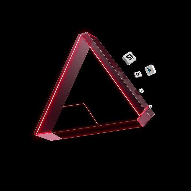 Renderizado en 3D El logotipo de Adobe formado en acrílico claro inclinado a 40 grados Los bordes rojos de neón pulsan alrededor del