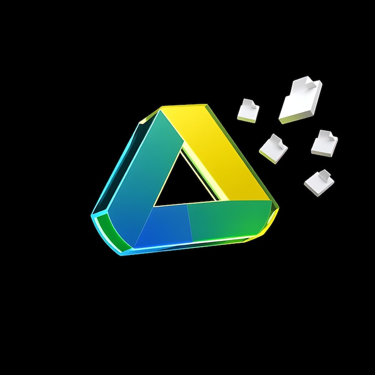 Foto renderizado en 3d el logotipo de google drive formado en material prismático transparente inclinado a 30 grados