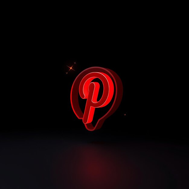 Renderizado en 3D El logotipo de Pinterest modelado en resina roja translúcida flotando ligeramente hacia atrás