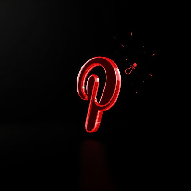 Renderizado en 3D El logotipo de Pinterest modelado en resina roja translúcida flotando ligeramente hacia atrás