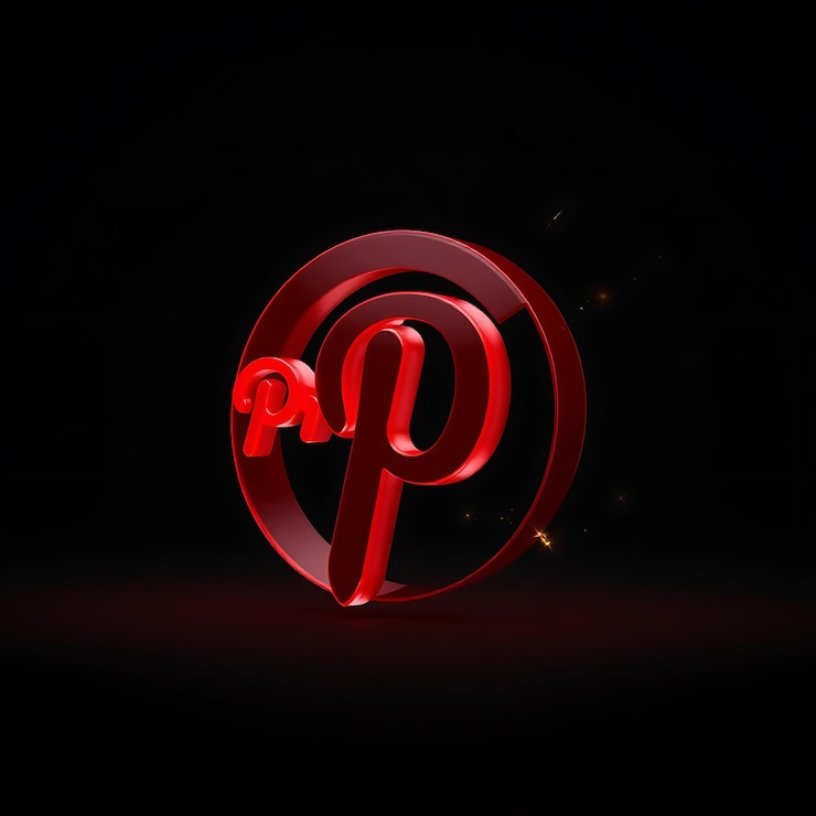 Foto renderizado en 3d el logotipo de pinterest modelado en resina roja translúcida flotando ligeramente hacia atrás