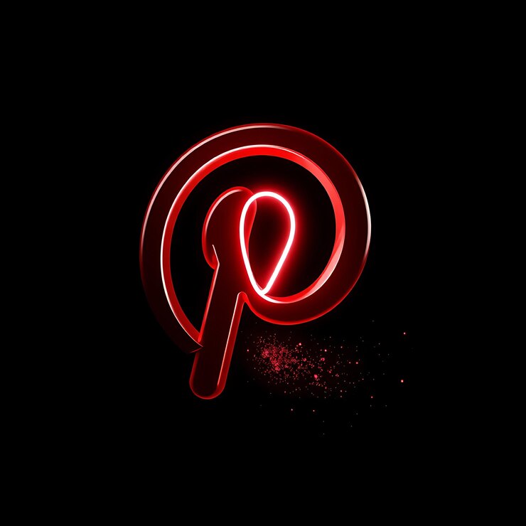 Foto renderizado en 3d el logotipo de pinterest renderizado en rojo translúcido brillante que gira lentamente un pin eme de neón brillante