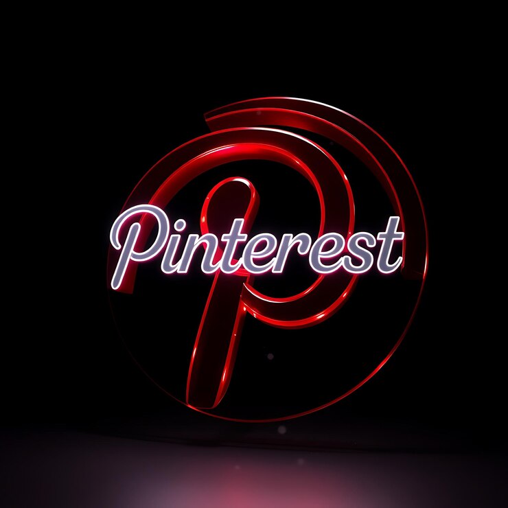 Foto renderizado en 3d el logotipo de pinterest renderizado en rojo translúcido brillante que gira lentamente un pin eme de neón brillante