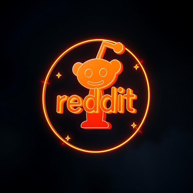 Renderizado en 3D El logotipo de Reddit modelado en vidrio naranja congelado flotando suavemente Los acentos de neón naranja forman una G