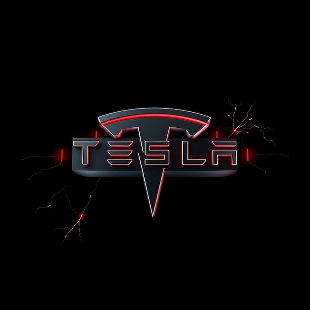 Renderizado en 3D El logotipo de Tesla en acero esmaltado pulido flotando constantemente Pulsos rojos de neón brillan a lo largo de su borde