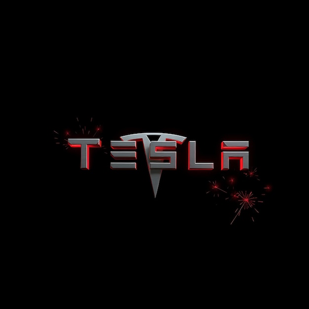 Renderizado en 3D El logotipo de Tesla en acero esmaltado pulido flotando constantemente Pulsos rojos de neón brillan a lo largo de su borde