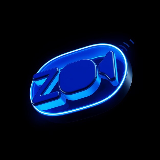 Renderizado en 3D El logotipo de Zoom tallado en resina azul brillante girando lentamente Los aspectos más destacados del azul de neón que describen el