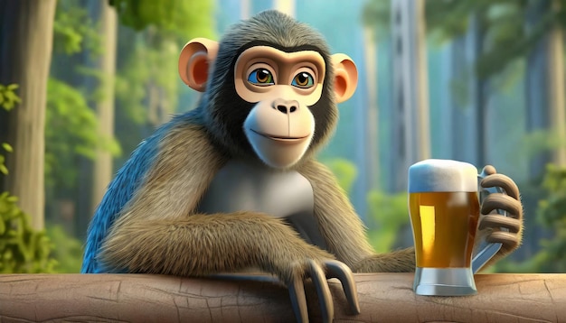 Renderizado en 3D de la mano del mono del bosque en la cerveza