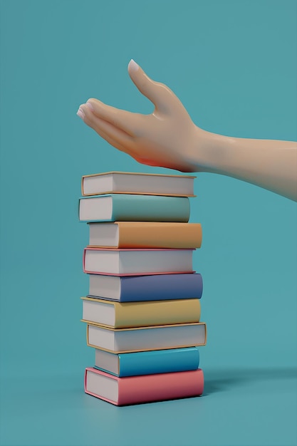 Renderizado en 3D Una mano sosteniendo una pila de libros contra un fondo azul