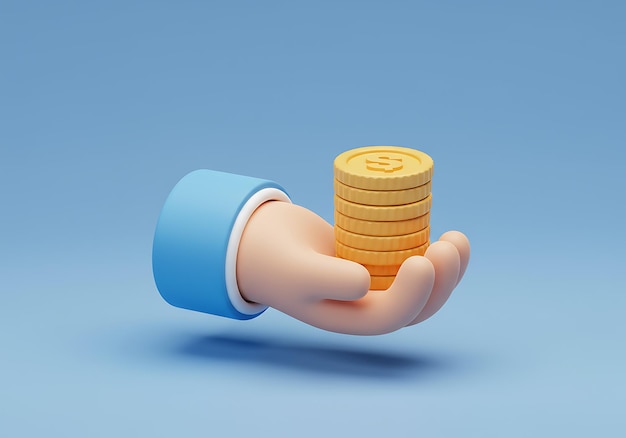 Renderizado en 3D de una mano sosteniendo una pila de monedas de oro que ilustra el éxito financiero y la acumulación de riqueza