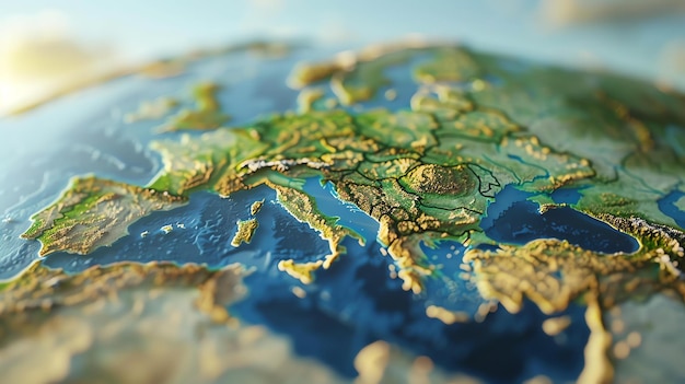 Renderizado en 3D de un mapa en relieve de Europa La imagen muestra los países de Europa con gran detalle con sus fronteras, ríos y montañas