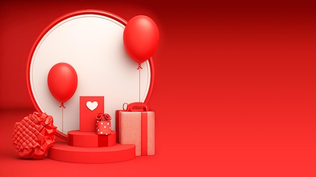 Renderizado 3D de marco circular con globos de podio cajas de regalos tarjeta de mensaje concepto de día de San Valentín