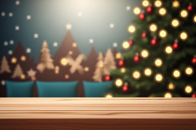 Foto renderizado en 3d de una mesa de madera contra un fondo de árbol de navidad desenfocado