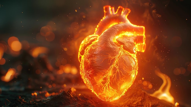 Renderizado en 3D de un modelo de corazón humano que brilla con efectos de luz pulsante
