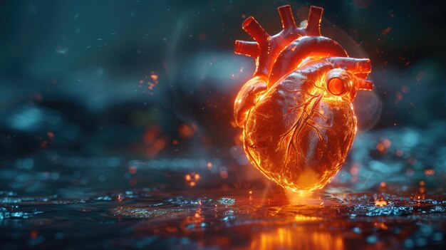 Renderizado en 3D de un modelo de corazón humano que brilla con efectos de luz pulsante