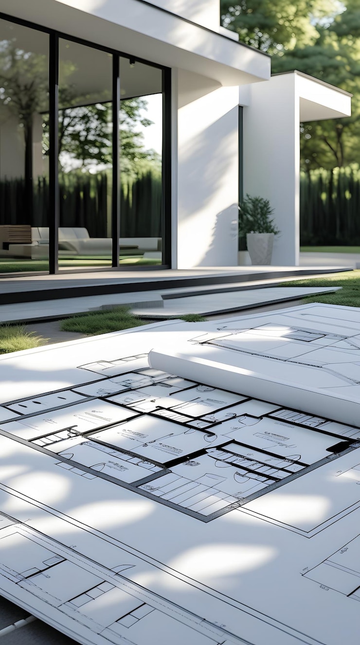Foto renderizado en 3d de un modelo moderno de casa blanca con plano