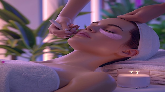 Renderizado en 3D de una mujer recibiendo servicios en un spa y salón de belleza