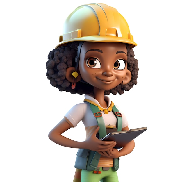 Renderizado en 3D de una niña afroamericana con casco de construcción y clipboard