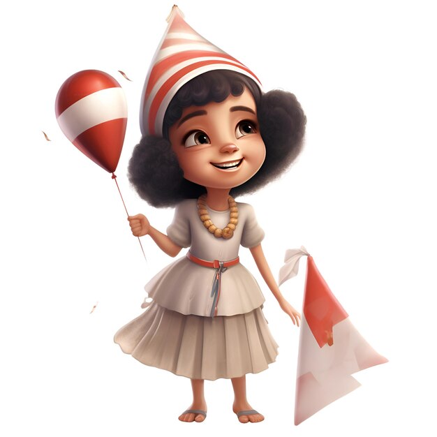 Foto renderizado en 3d de una niña afroamericana con sombrero de fiesta y globo